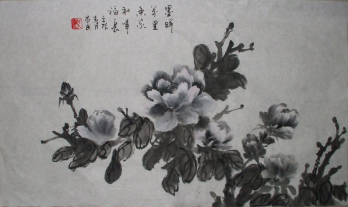 国画（水墨牡丹）：墨晖万里香，家和幸福长。武昌民画并撰书